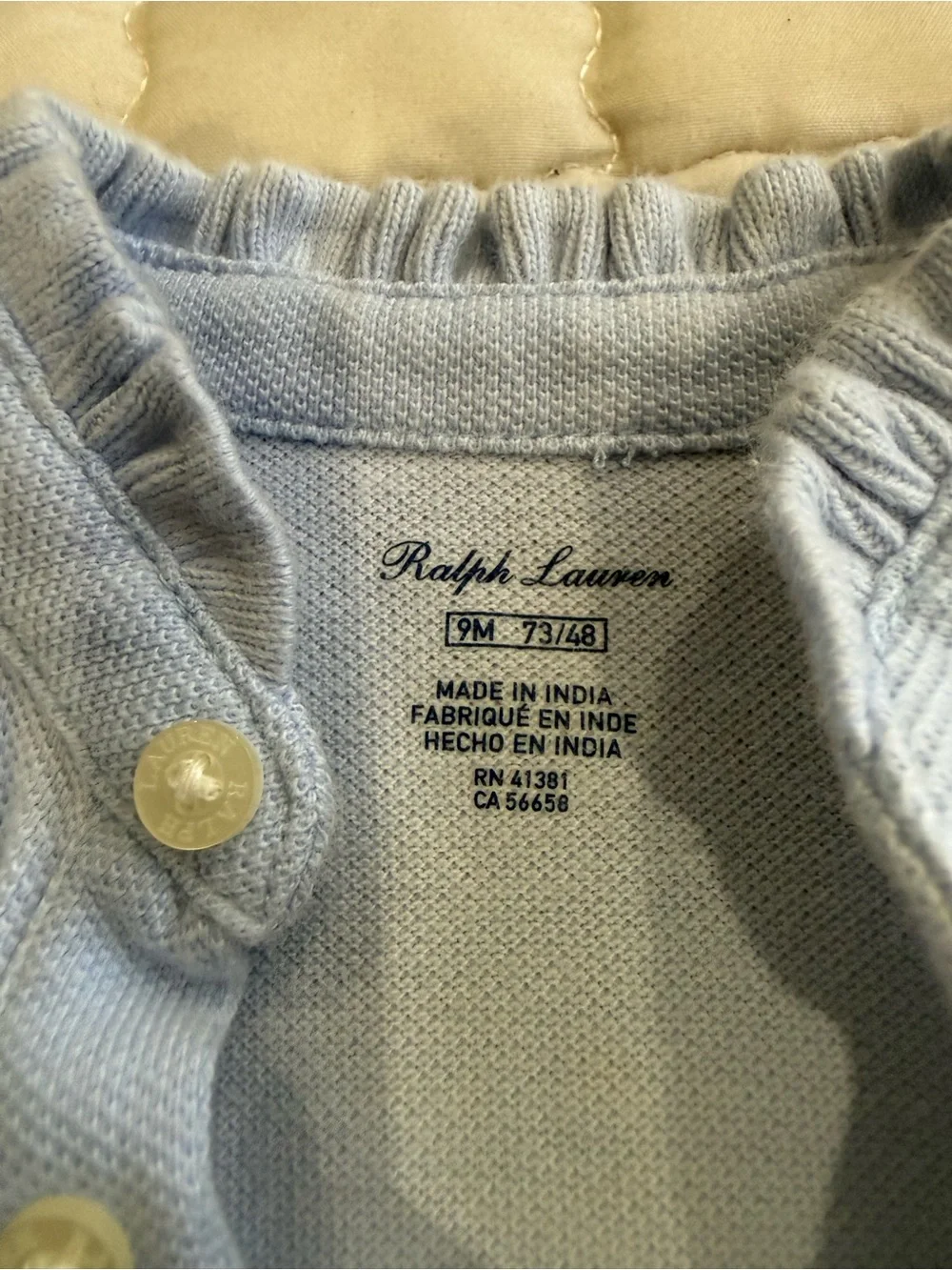 Ralph Lauren Light Blue Knit Girls' Polo Romper with Lace Sleeves